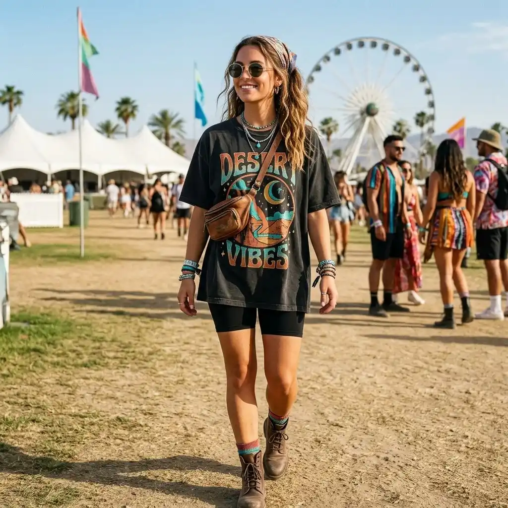 16 Coachella Outfit Ideas That Will Make You Look Like You Accidentally Became the Main Character 3 Oversized Graphic Tee Biker Shorts