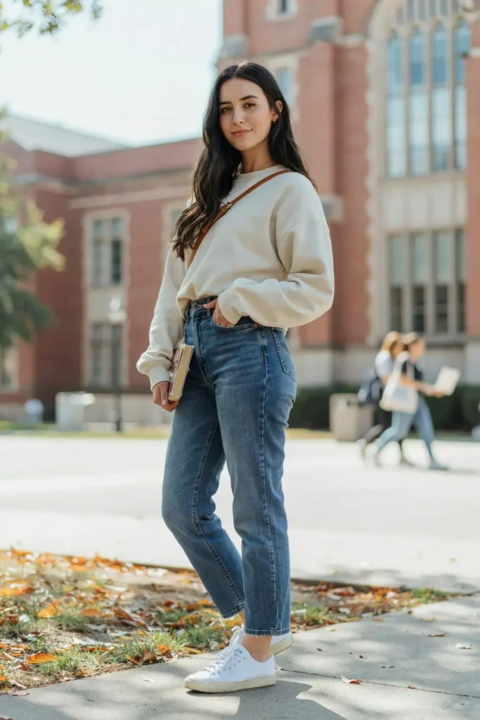 17 College Outfit Ideas That Look Effortless but Still Say “Yes, I Have My Life Together” 2 Oversized Sweatshirt Straight Leg Jeans