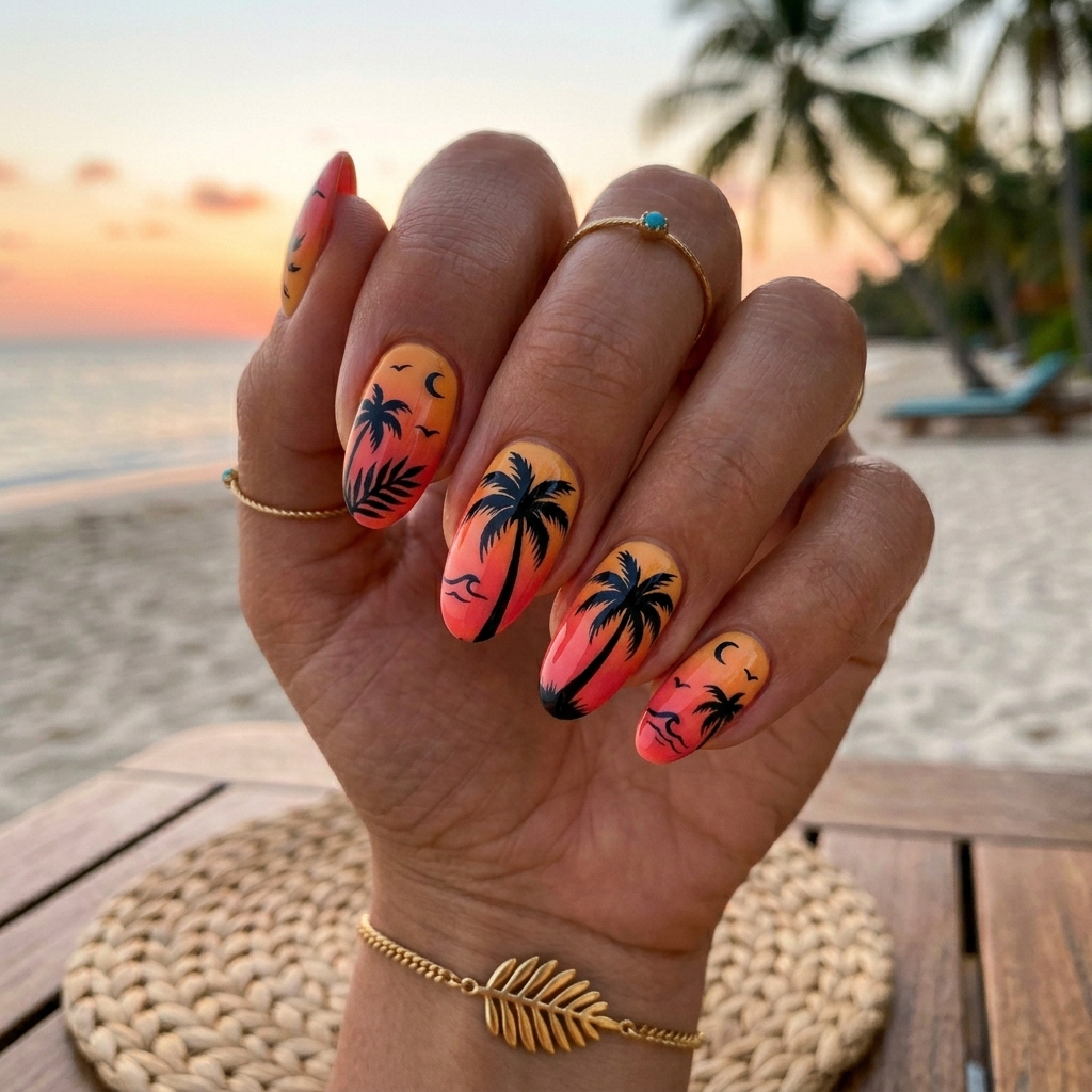 18 Summer Holiday Nails Ideas That’ll Make Your Hands the Main Character 8 Palm Tree Silhouettes nails