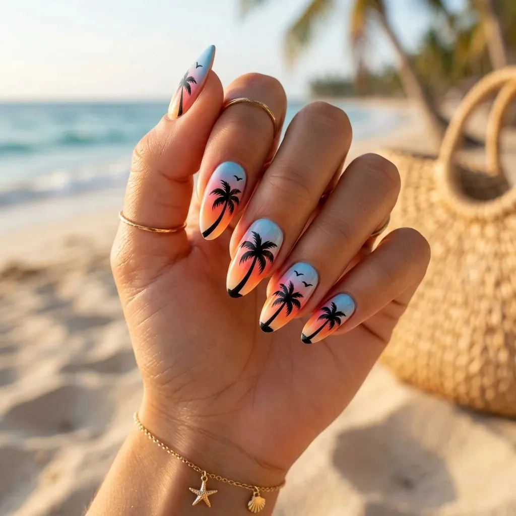 18 Summer Holiday Nails Ideas That’ll Make Your Hands the Main Character 8 Palm Tree Silhouettes