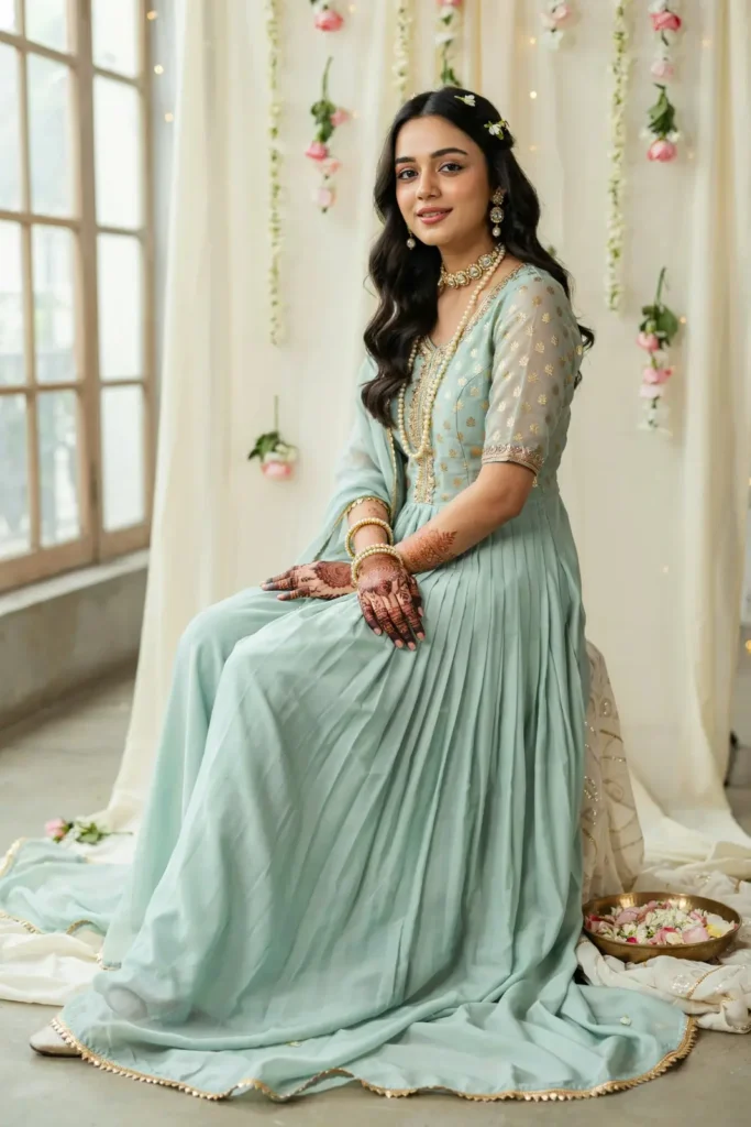 19 Mehndi Outfit Ideas That Bring Main Character Energy Without Trying Too Hard 8 Pastel Green Gharara Pearl Jewelry