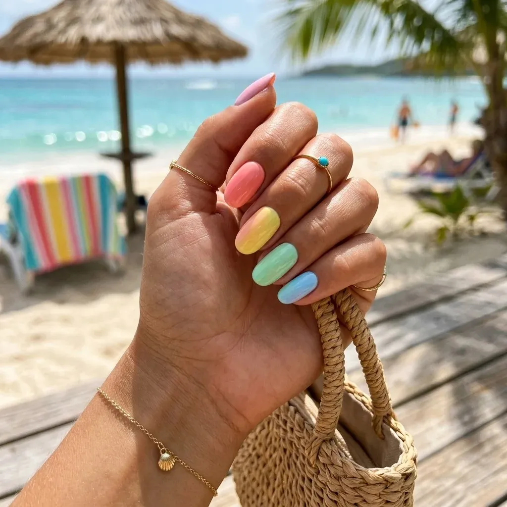 18 Summer Holiday Nails Ideas That’ll Make Your Hands the Main Character 6 Pastel Rainbow Nails
