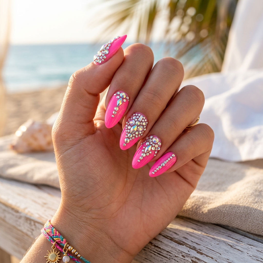 15 Pink Summer Nails That Are So Cute, You’ll Want to Book a Mani Immediately 10 Pink Nails with Rhinestones