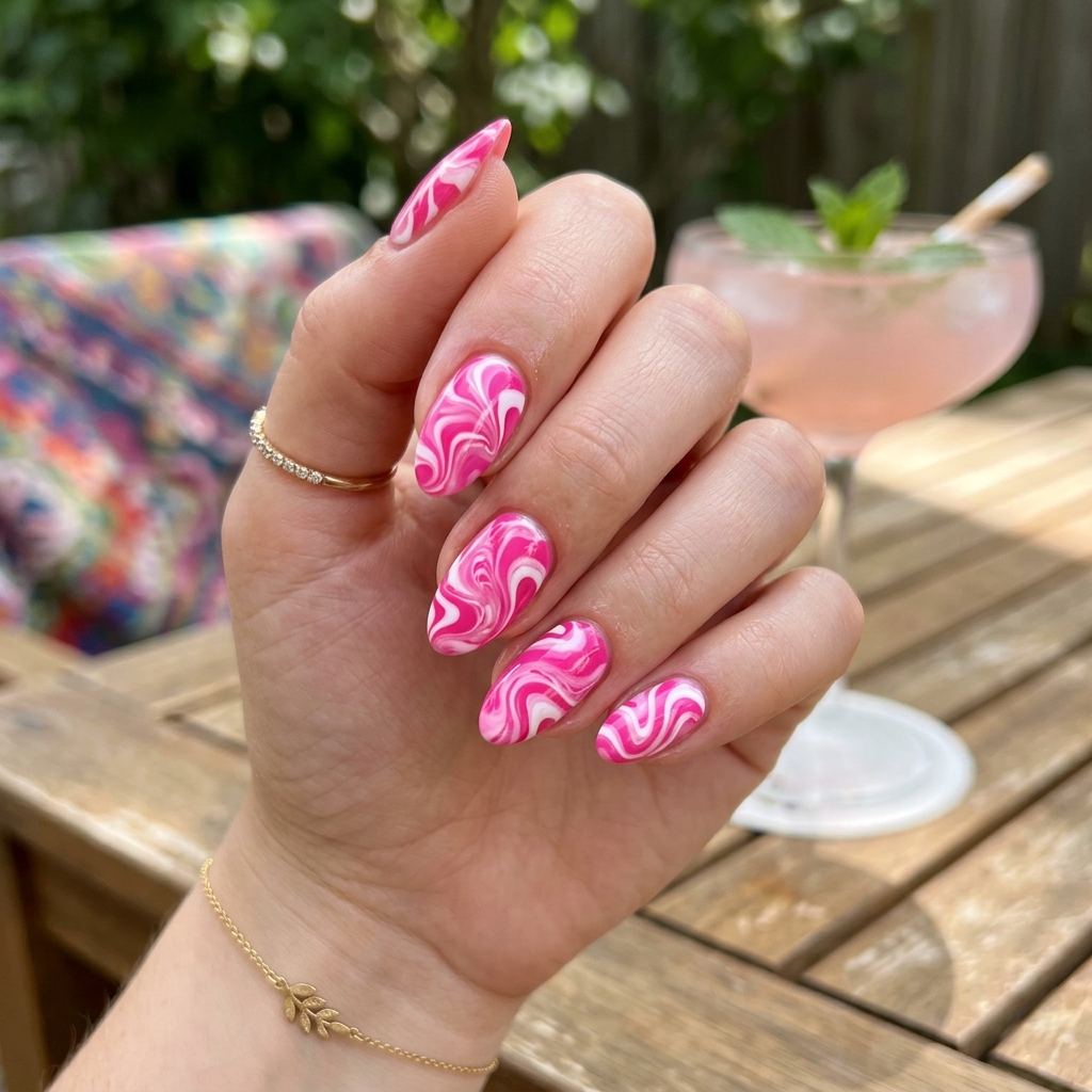 15 Pink Summer Nails That Are So Cute, You’ll Want to Book a Mani Immediately 7 Pink White Swirl Nails