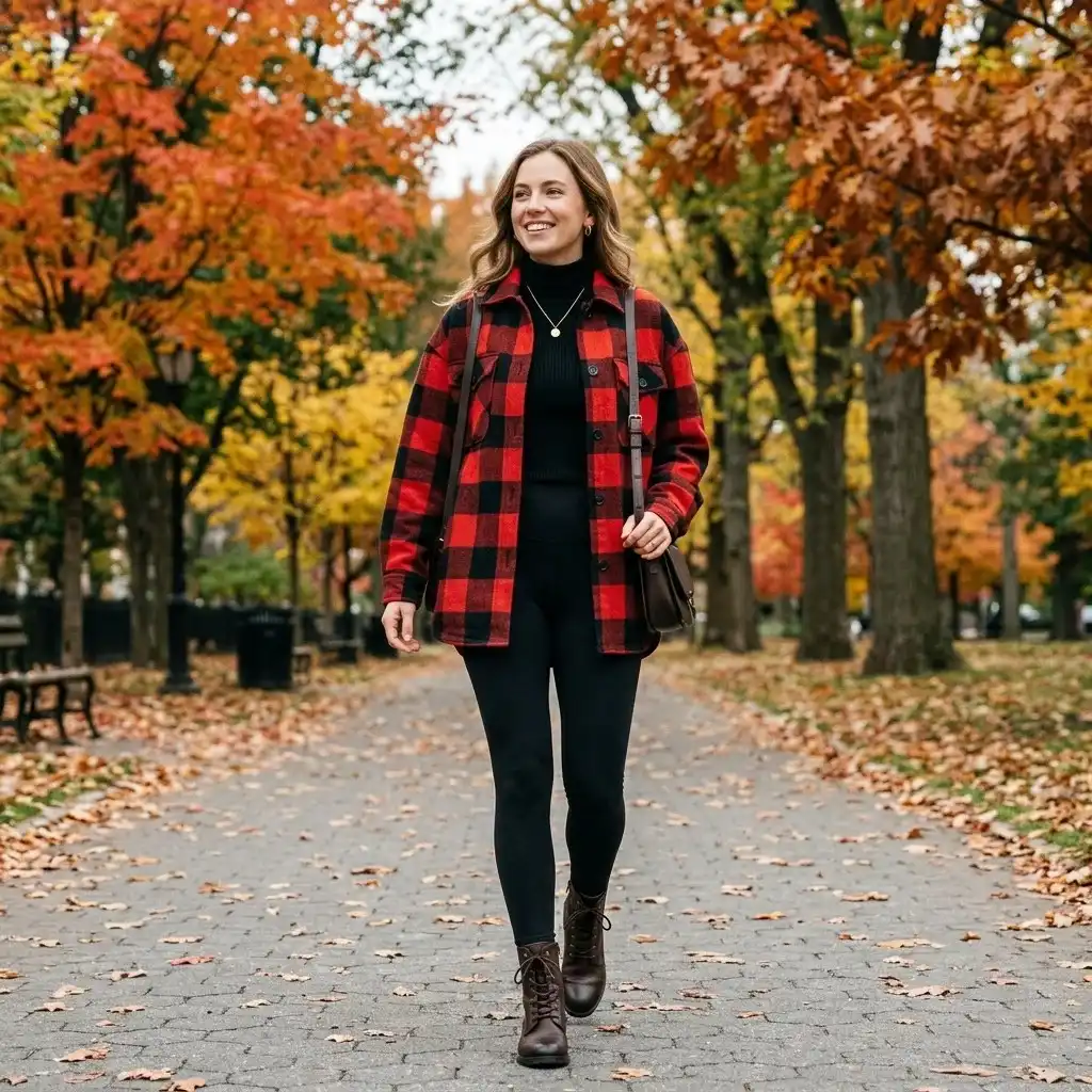 17 Fall Outfit Ideas That Make You Look Instantly Put Together Without Trying Too Hard 8 Plaid Shacket Leggings