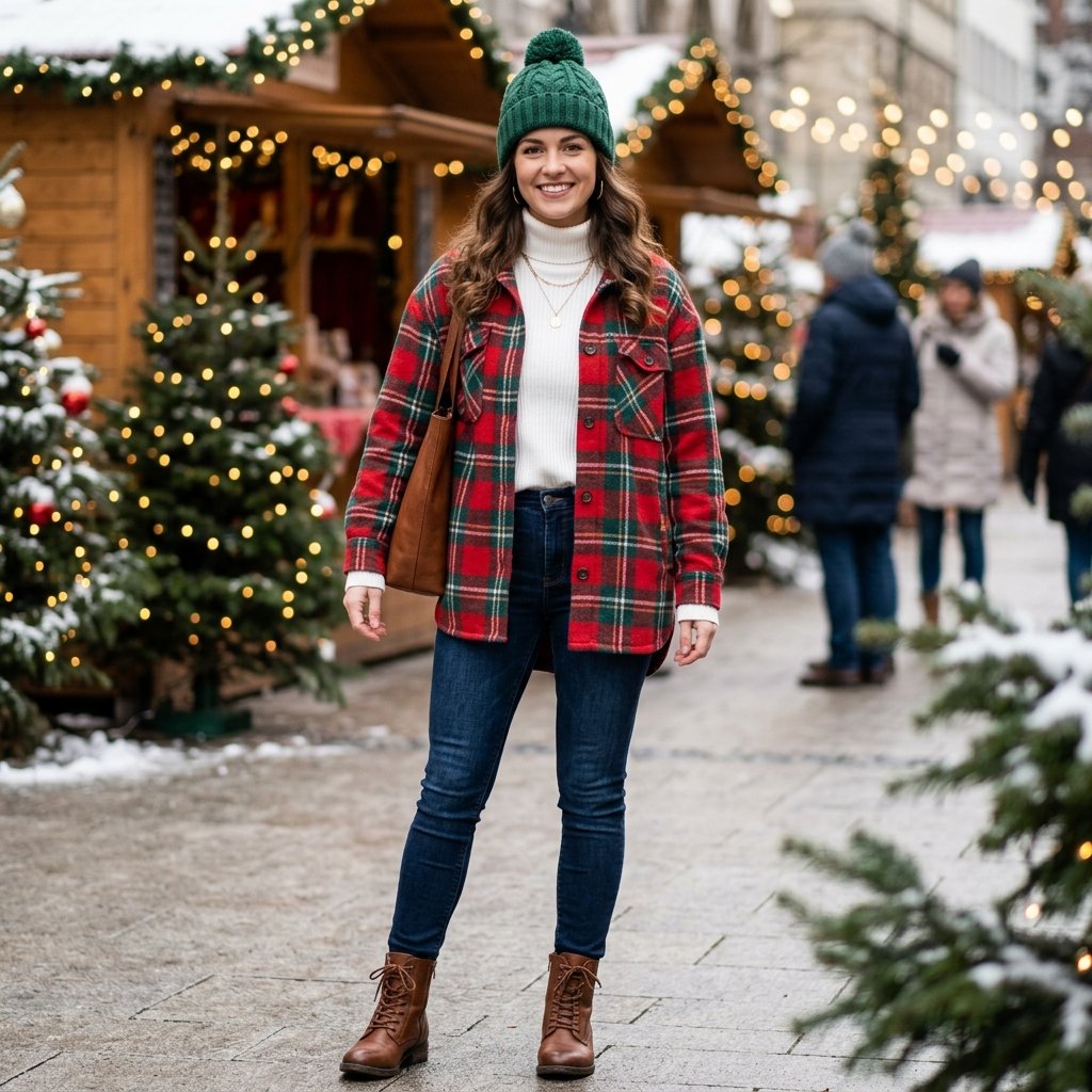 18 Christmas Outfit Ideas That’ll Have You Looking Festive Without Trying Too Hard 3 Plaid Shacket White Turtleneck