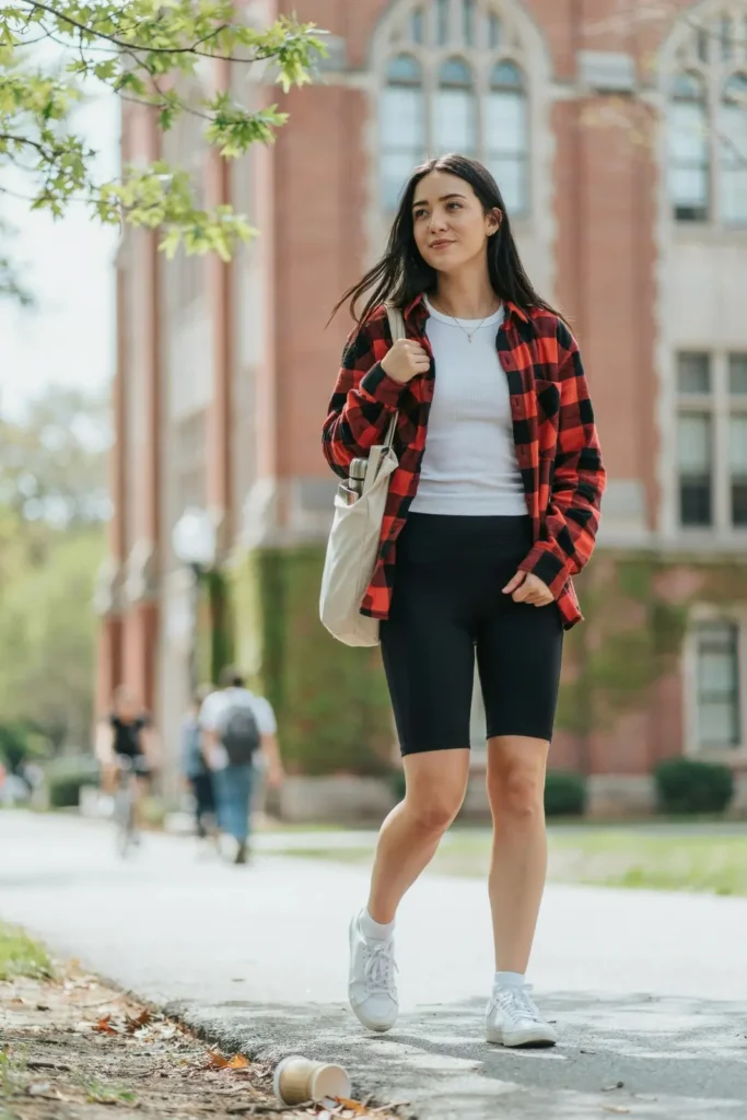 17 College Outfit Ideas That Look Effortless but Still Say “Yes, I Have My Life Together” 13 Plaid Shirt Basic Tee Biker Shorts