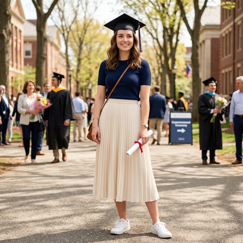 16 Graduation Outfit Ideas That’ll Have You Looking Expensive in Every Cap-and-Gown Photo 10 Pleated Skirt Fitted Knit Top