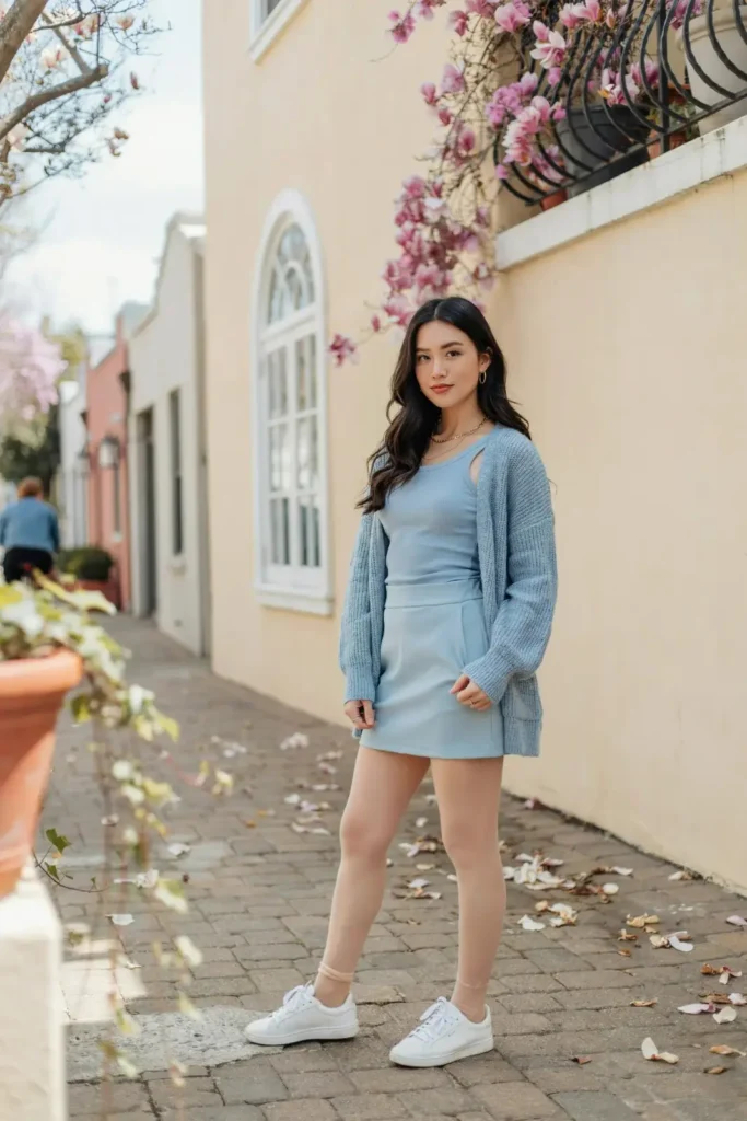18 Blue Outfit Ideas That Make Getting Dressed Weirdly Easy 9 Powder Blue Cardigan Mini Skirt