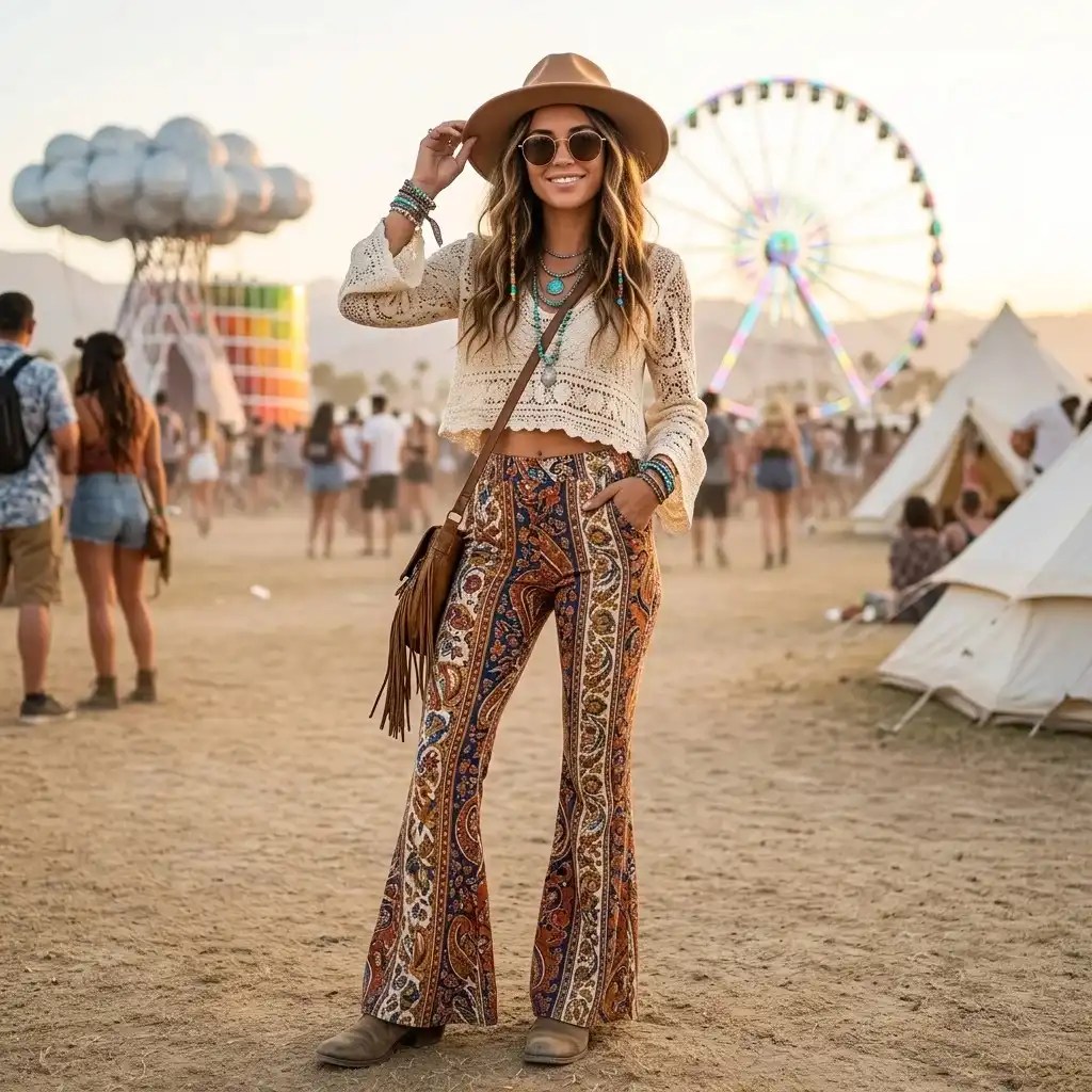 16 Coachella Outfit Ideas That Will Make You Look Like You Accidentally Became the Main Character 13 Printed Flare Pants Crop Top