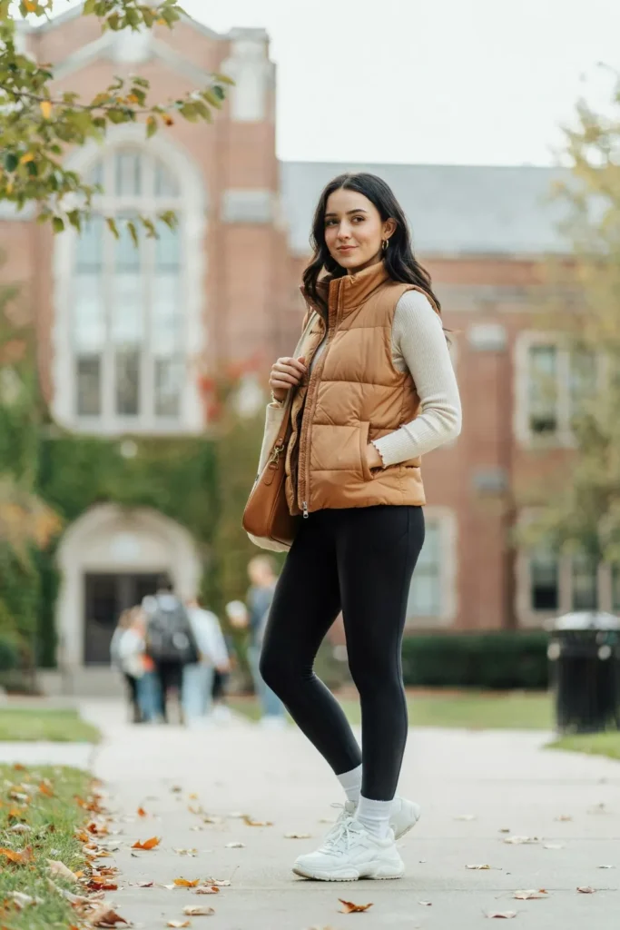 17 College Outfit Ideas That Look Effortless but Still Say “Yes, I Have My Life Together” 17 Puffer Vest Long Sleeve Top Leggings