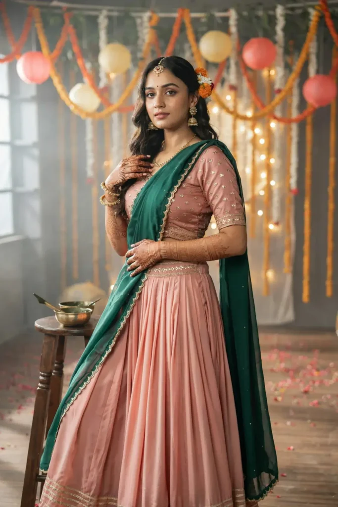 19 Mehndi Outfit Ideas That Bring Main Character Energy Without Trying Too Hard 16 Rani Pink Gharara Green Dupatta