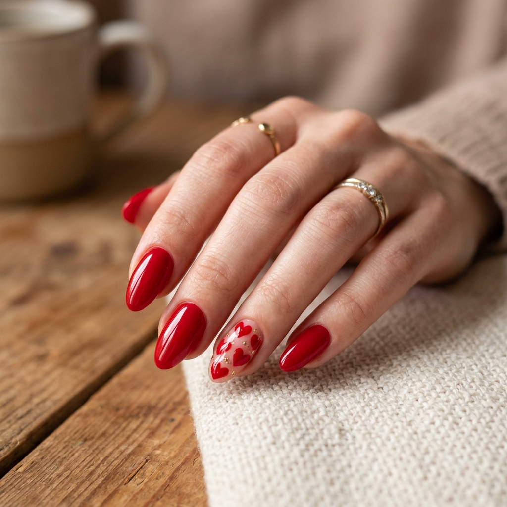 18 Red Summer Nails Ideas That Will Instantly Upgrade Your Hot-Girl Vibe 14 Red Hearts Accent Nails