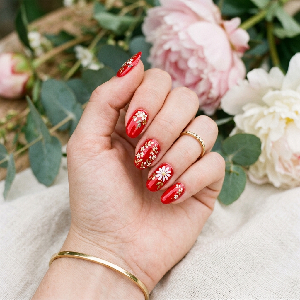 18 Red Summer Nails Ideas That Will Instantly Upgrade Your Hot-Girl Vibe 5 Red Nails with Floral Accents