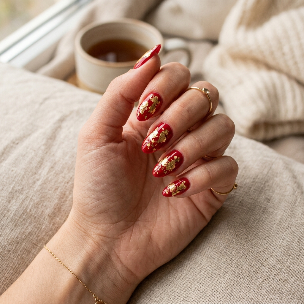 18 Red Summer Nails Ideas That Will Instantly Upgrade Your Hot-Girl Vibe 11 Red Nails with Gold Foil