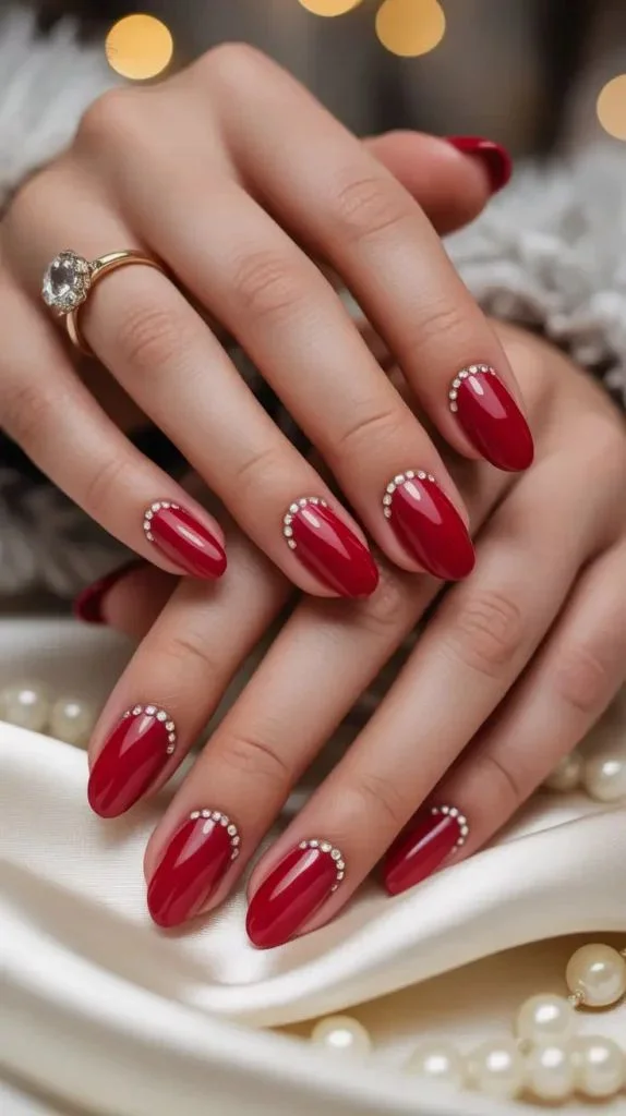 18 Red Christmas Nails That Look Festive, Expensive, and Totally Screenshot-Worthy 17 Red Nails with Rhinestone Accents