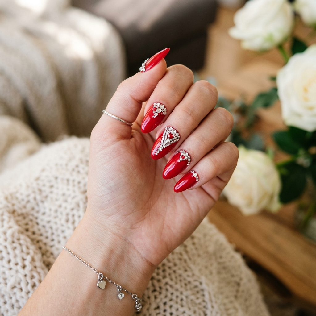 18 Red Summer Nails Ideas That Will Instantly Upgrade Your Hot-Girl Vibe 18 Red Nails with Rhinestones