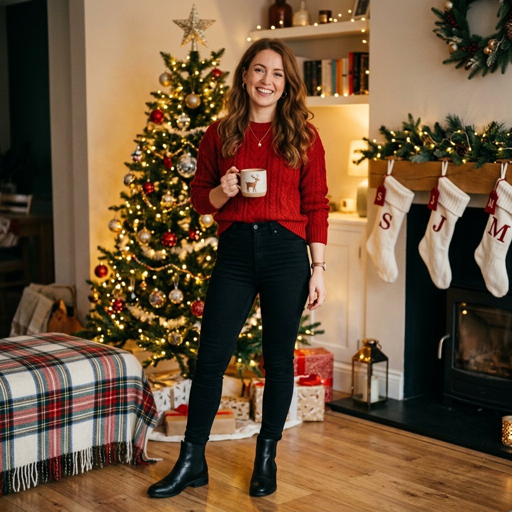 18 Christmas Outfit Ideas That’ll Have You Looking Festive Without Trying Too Hard 2 Red Sweater Black Skinny Jeans
