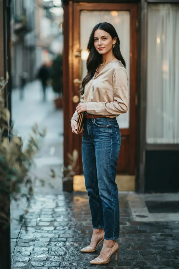 16 Dinner Outfit Ideas That Look Expensive, Feel Easy, and Save You From “I Have Nothing to Wear” Drama 2 Satin Blouse Straight Leg Jeans