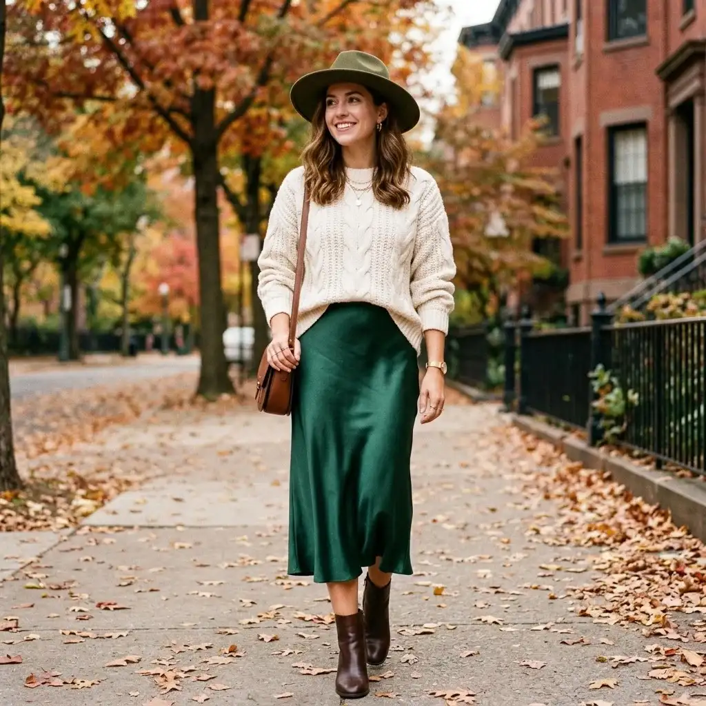 17 Fall Outfit Ideas That Make You Look Instantly Put Together Without Trying Too Hard 11 Satin Skirt Chunky Knit