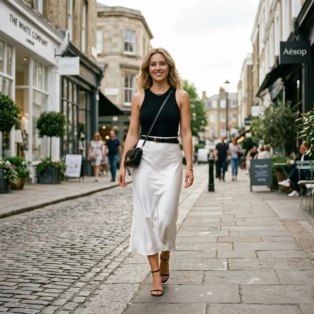 17 White Skirt Outfit Ideas That Make You Look Effortlessly Expensive 3 Satin White Skirt Black Tank Top