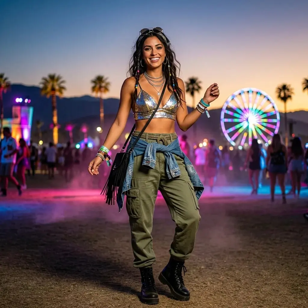 16 Coachella Outfit Ideas That Will Make You Look Like You Accidentally Became the Main Character 9 Sequin Bralette Cargo Pants