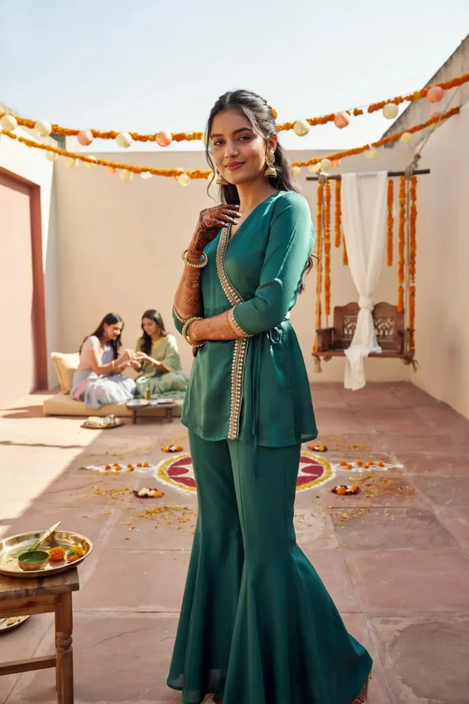 19 Mehndi Outfit Ideas That Bring Main Character Energy Without Trying Too Hard 12 Short Angrakha Tulip Pants