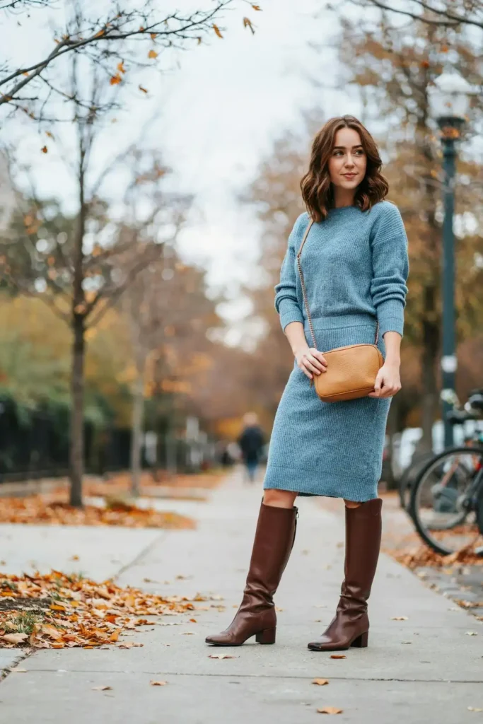 18 Blue Outfit Ideas That Make Getting Dressed Weirdly Easy 14 Sky Blue Knit Dress Tall Boots