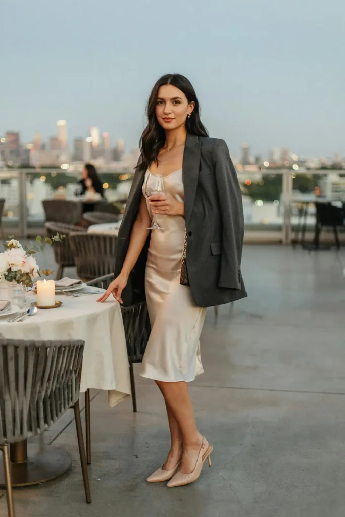 16 Dinner Outfit Ideas That Look Expensive, Feel Easy, and Save You From “I Have Nothing to Wear” Drama 3 Slip Dress Oversized Blazer