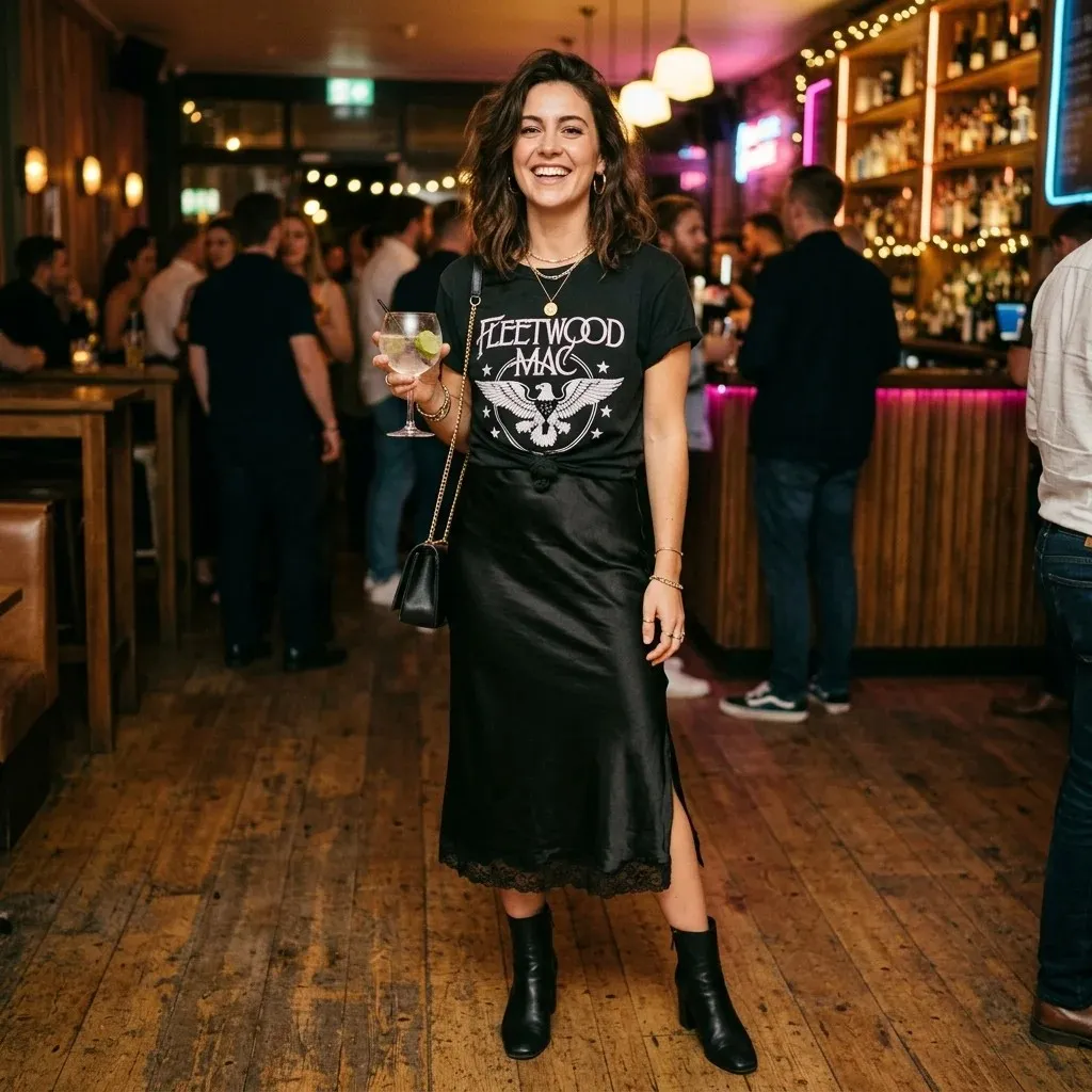 16 Party Outfit Ideas That Make You Look Instantly Cool Without Trying Too Hard 14 Slip Skirt Graphic Tee