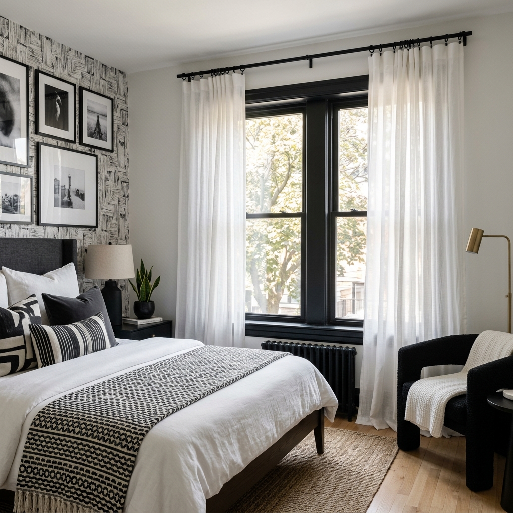 18 Black and White Bedroom Ideas That Look Straight Out of a Pinterest Dream 9 Soft White Curtains With Black Hardware