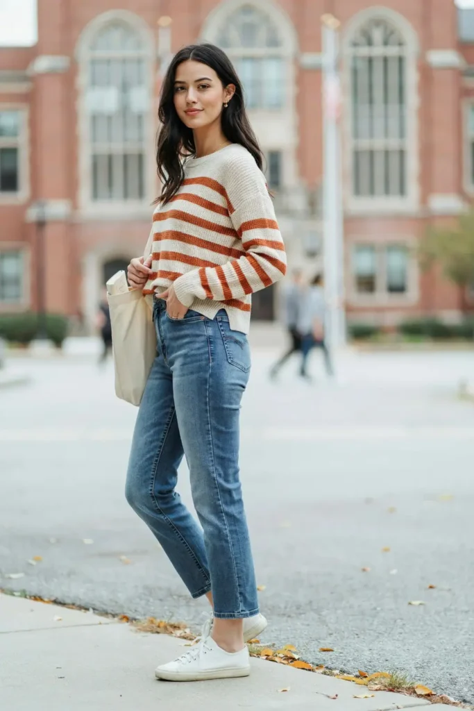 17 College Outfit Ideas That Look Effortless but Still Say “Yes, I Have My Life Together” 10 Striped Sweater Relaxed Jeans