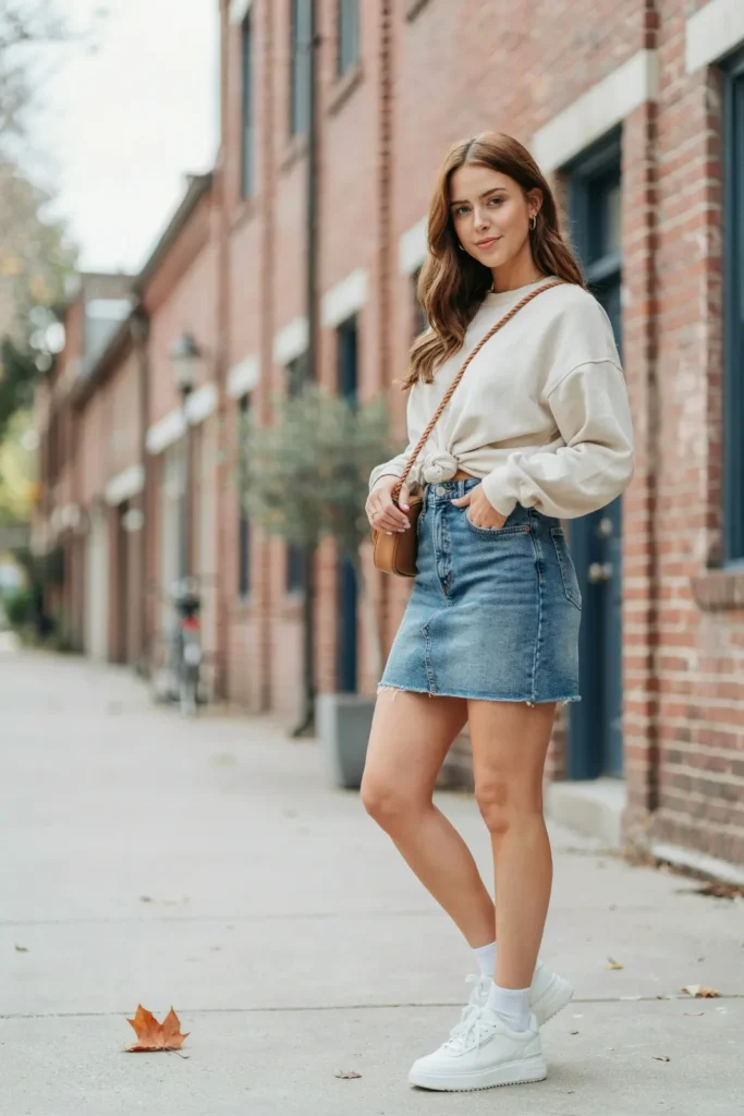 15 Denim Skirt Outfit Ideas That Look Effortless, Cute, and Totally Wearable Tomorrow 14 Sweatshirt Denim Skirt
