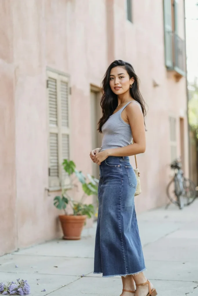 15 Denim Skirt Outfit Ideas That Look Effortless, Cute, and Totally Wearable Tomorrow 5 Tank Top Long Denim Skirt