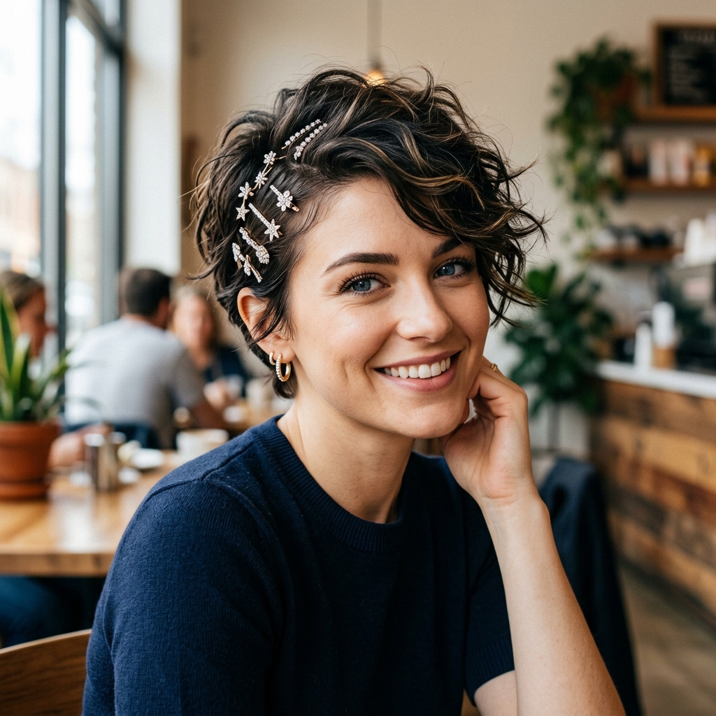 17 Prom Hairstyles for Short Hair That Are Seriously Main-Character Energy 4 Textured Pixie With Sparkly Pins