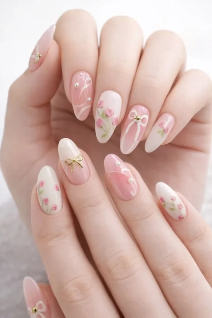 15 Pink Summer Nail Ideas That Are Serving Major Main Character Energy 6 The Coquette Dream Bows Dainty Florals