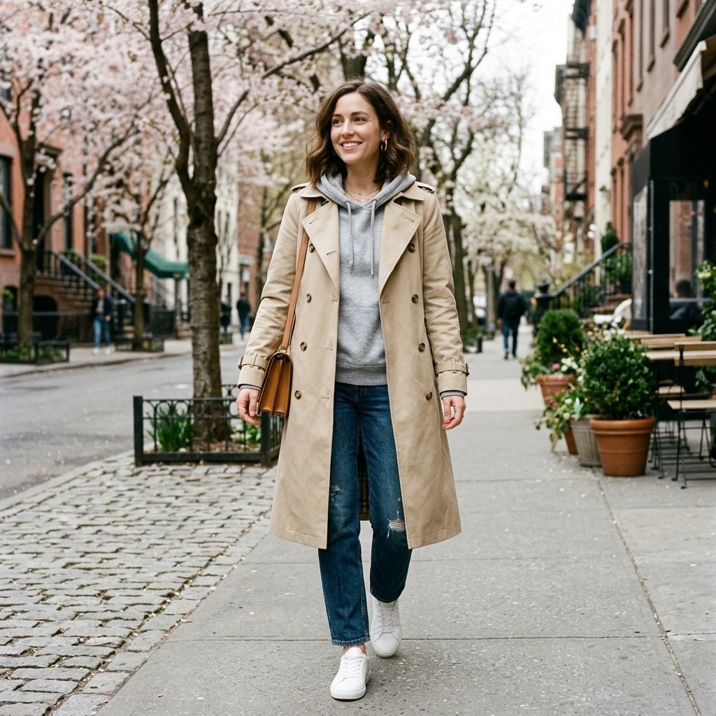 19 Spring Outfit Ideas That Make Getting Dressed Way More Fun 14 Trench Coat Hoodie Combo
