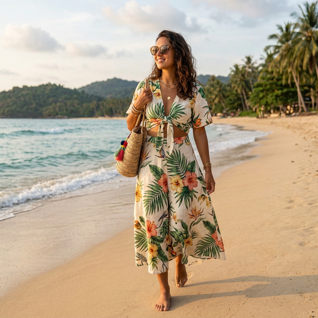 18 Beach Outfit Ideas That Make You Look Effortlessly Cool All Summer 9 Tropical Print Co Ord Set