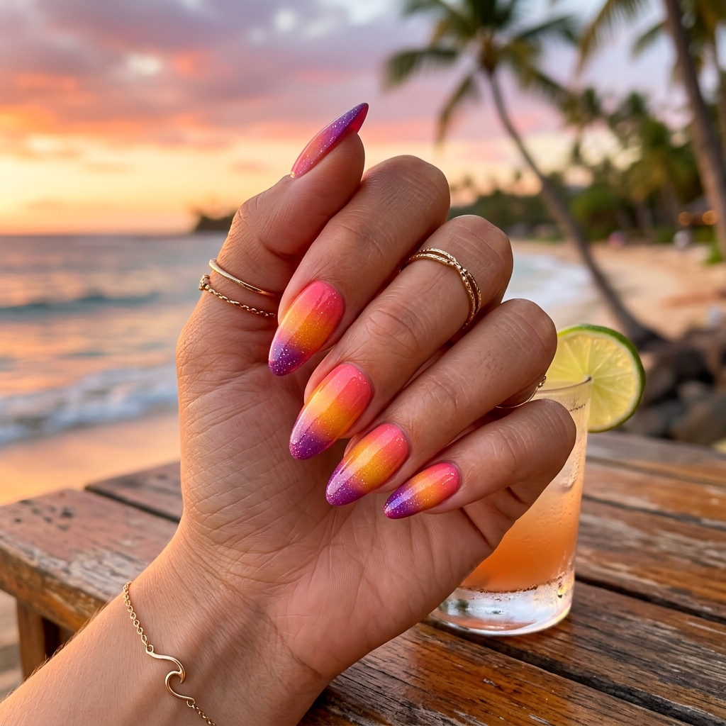 18 Summer Holiday Nails Ideas That’ll Make Your Hands the Main Character 2 Tropical Sunset Ombre nails