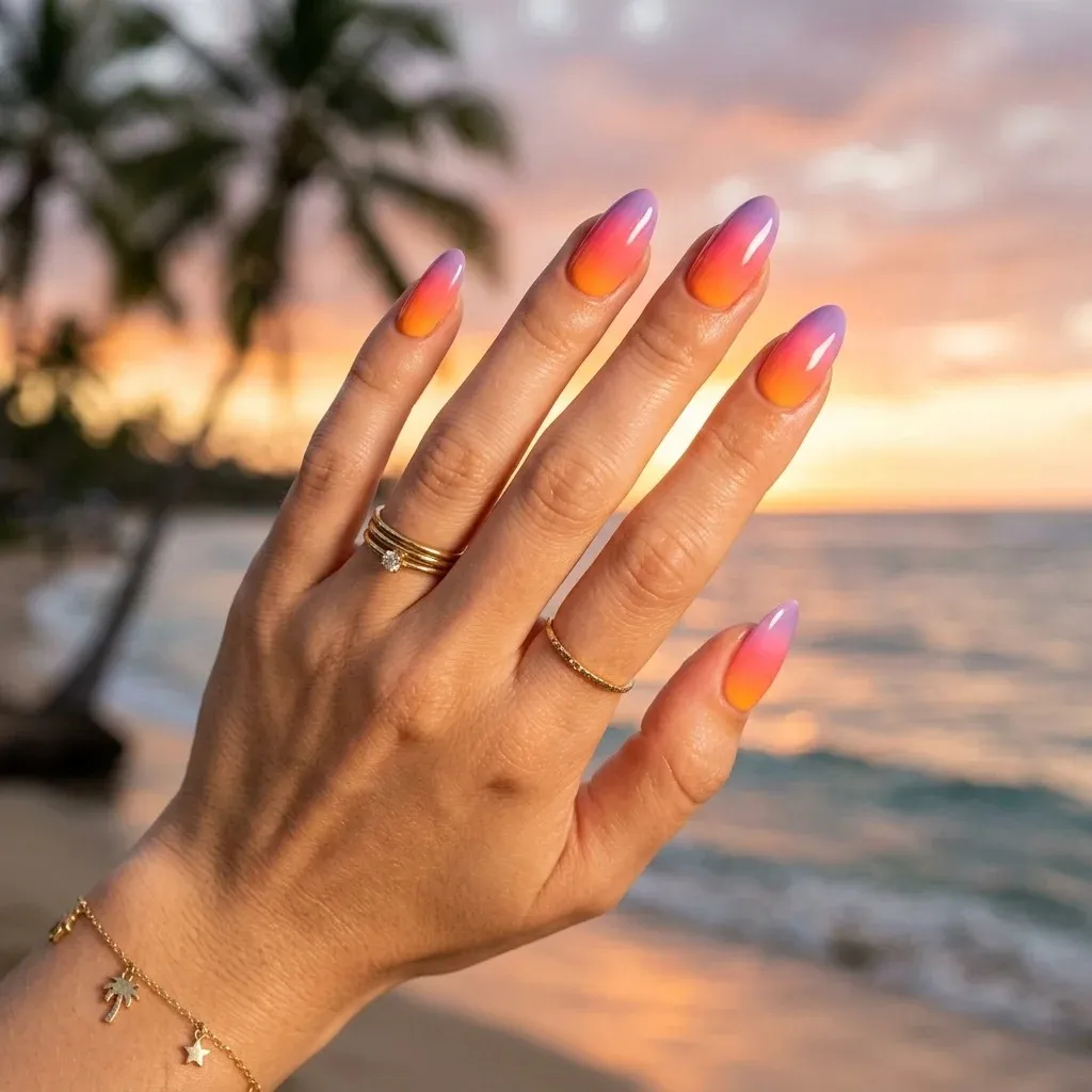 18 Summer Holiday Nails Ideas That’ll Make Your Hands the Main Character 2 Tropical Sunset Ombre