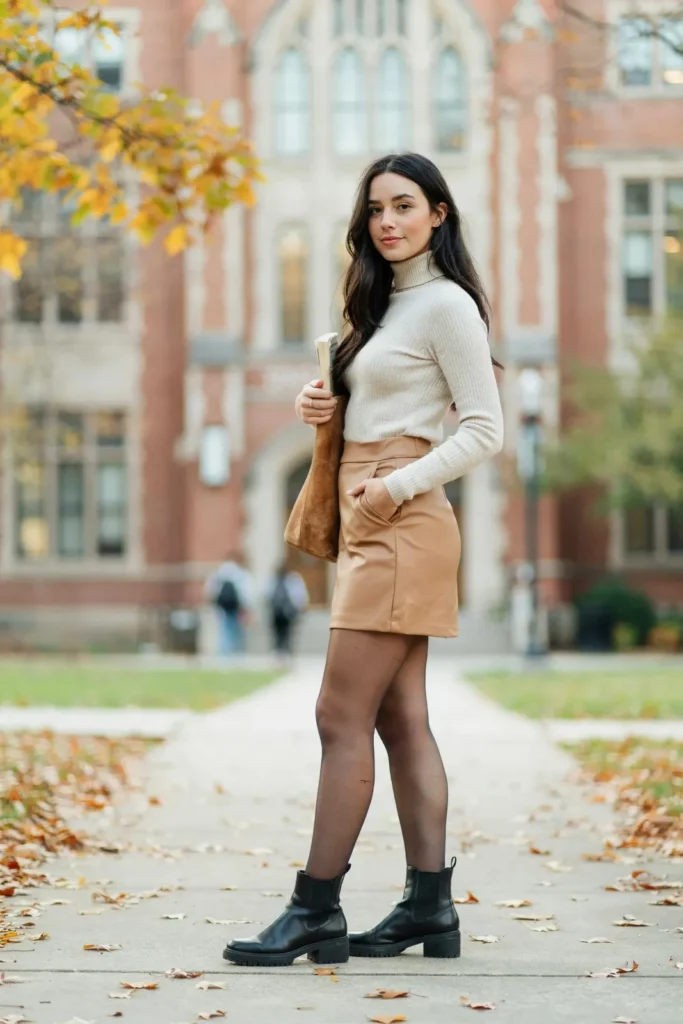 17 College Outfit Ideas That Look Effortless but Still Say “Yes, I Have My Life Together” 14 Turtleneck Mini Skirt Tights
