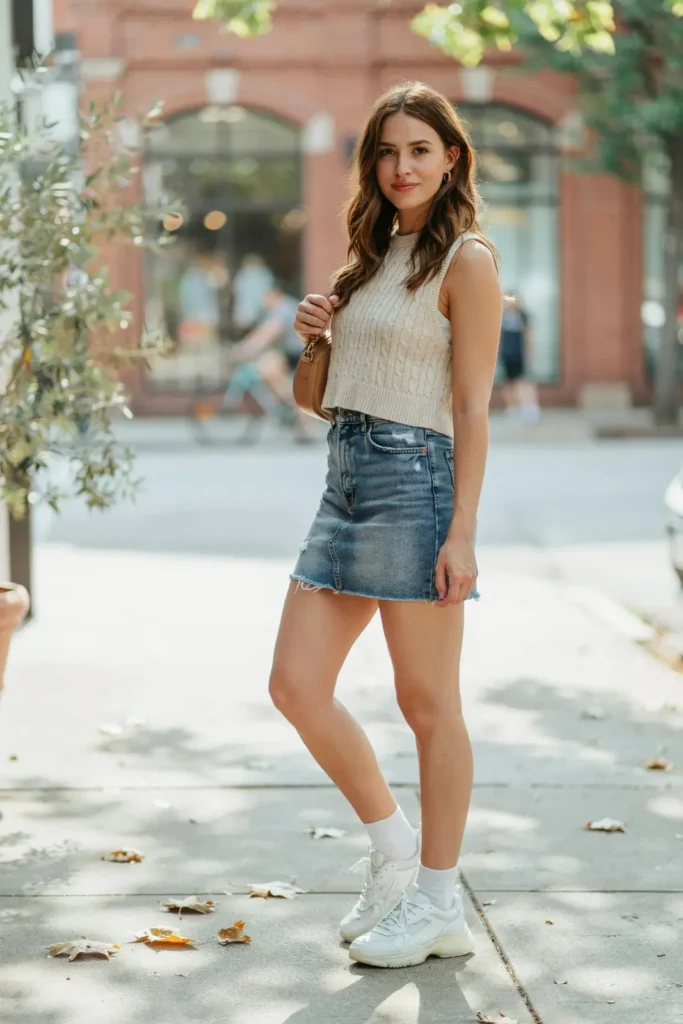 15 Denim Skirt Outfit Ideas That Look Effortless, Cute, and Totally Wearable Tomorrow 16 Vest Top Denim Skirt