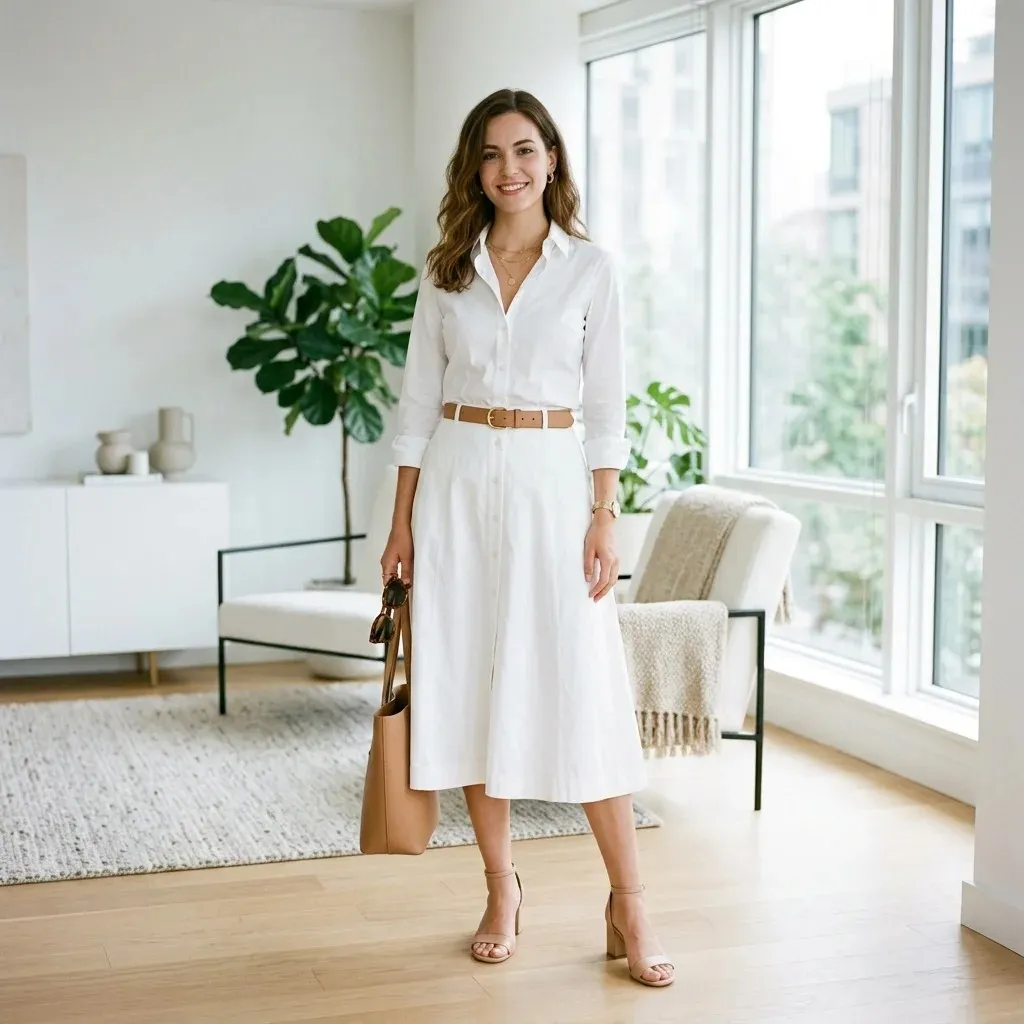 17 White Skirt Outfit Ideas That Make You Look Effortlessly Expensive 11 White A Line Skirt Button Up Shirt