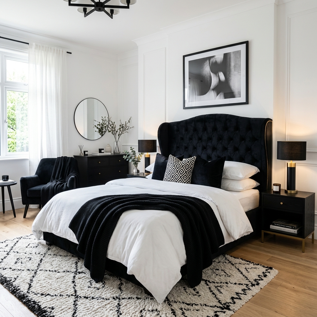 18 Black and White Bedroom Ideas That Look Straight Out of a Pinterest Dream 17 White Bedroom With Dramatic Black Headboard