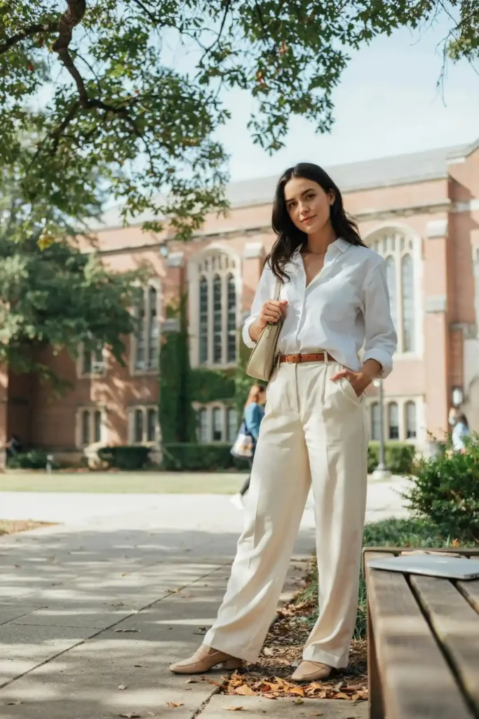 17 College Outfit Ideas That Look Effortless but Still Say “Yes, I Have My Life Together” 3 White Button Down Wide Leg Trousers