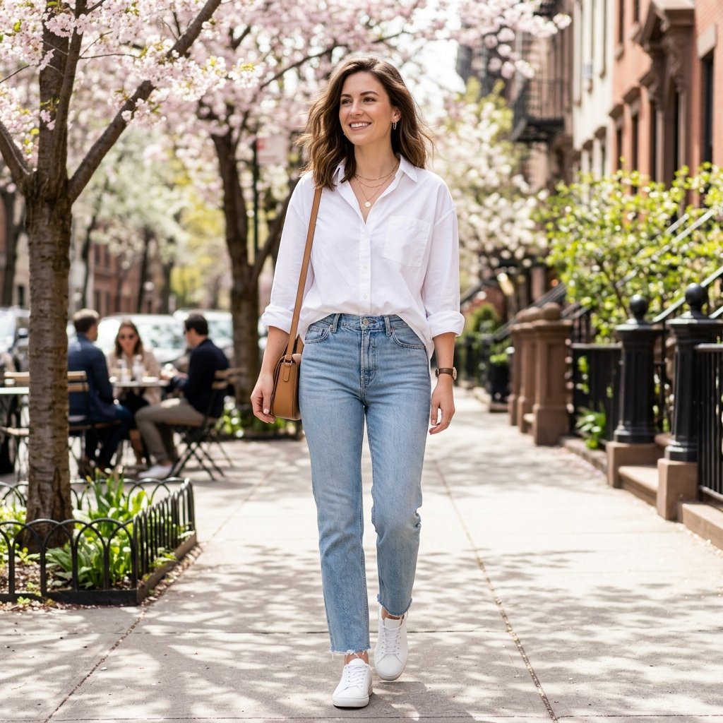 19 Spring Outfit Ideas That Make Getting Dressed Way More Fun 8 White Button Up Light Wash Denim