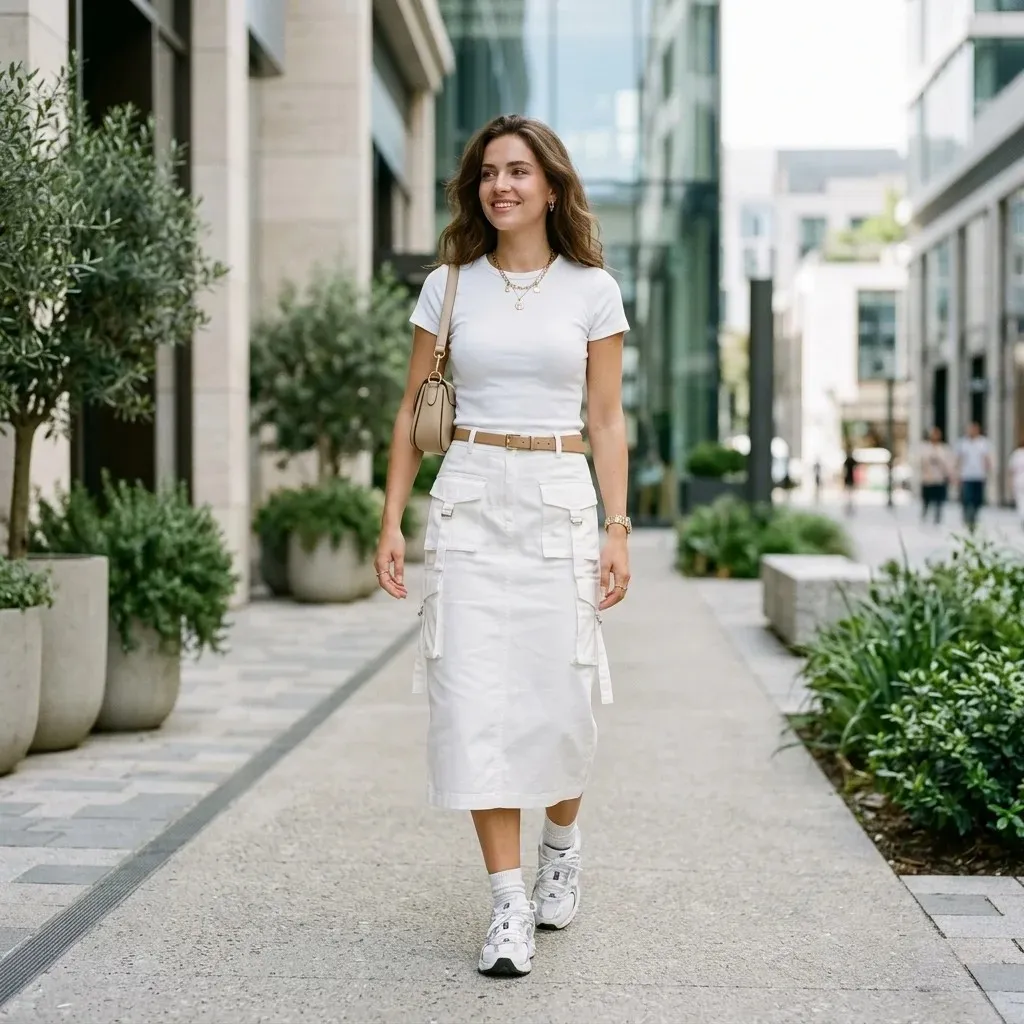 17 White Skirt Outfit Ideas That Make You Look Effortlessly Expensive 12 White Cargo Skirt Baby Tee