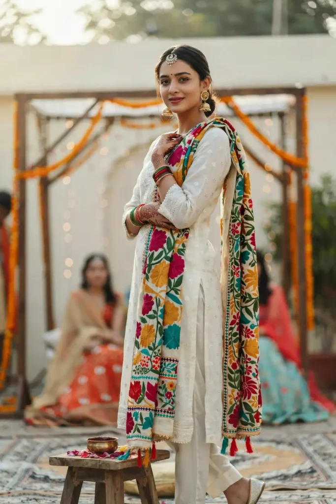 19 Mehndi Outfit Ideas That Bring Main Character Energy Without Trying Too Hard 5 White Kurta Colorful Phulkari Dupatta