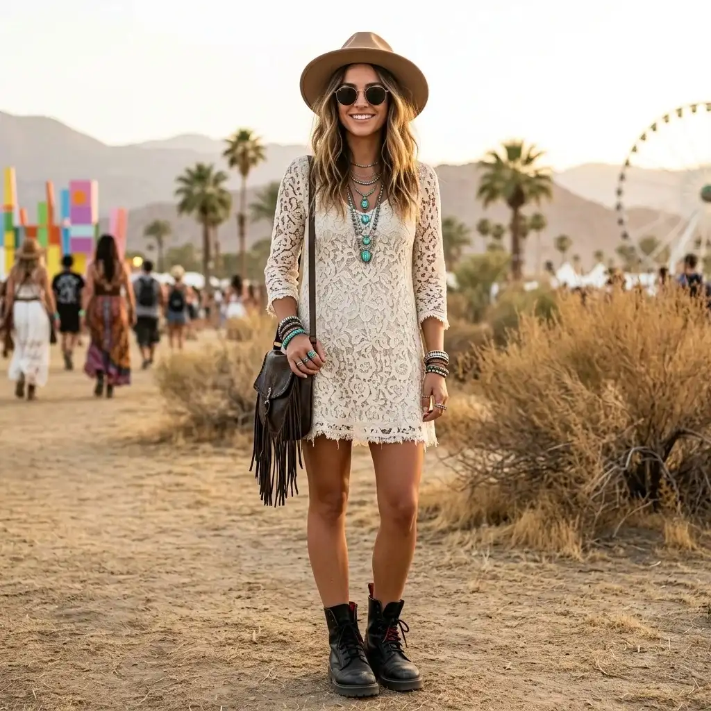 16 Coachella Outfit Ideas That Will Make You Look Like You Accidentally Became the Main Character 7 White Lace Dress Combat Boots