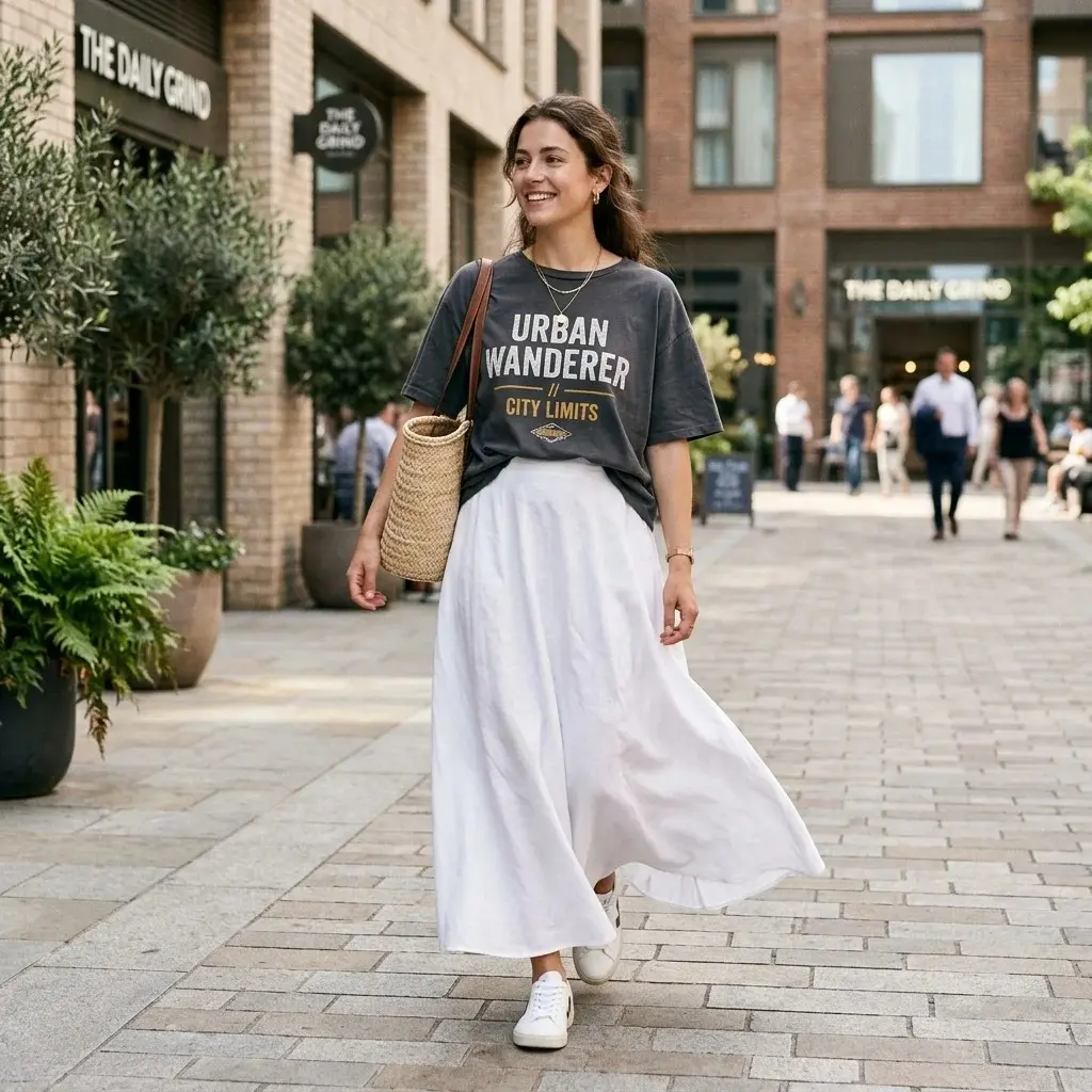 17 White Skirt Outfit Ideas That Make You Look Effortlessly Expensive 2 White Maxi Skirt Oversized Graphic Tee